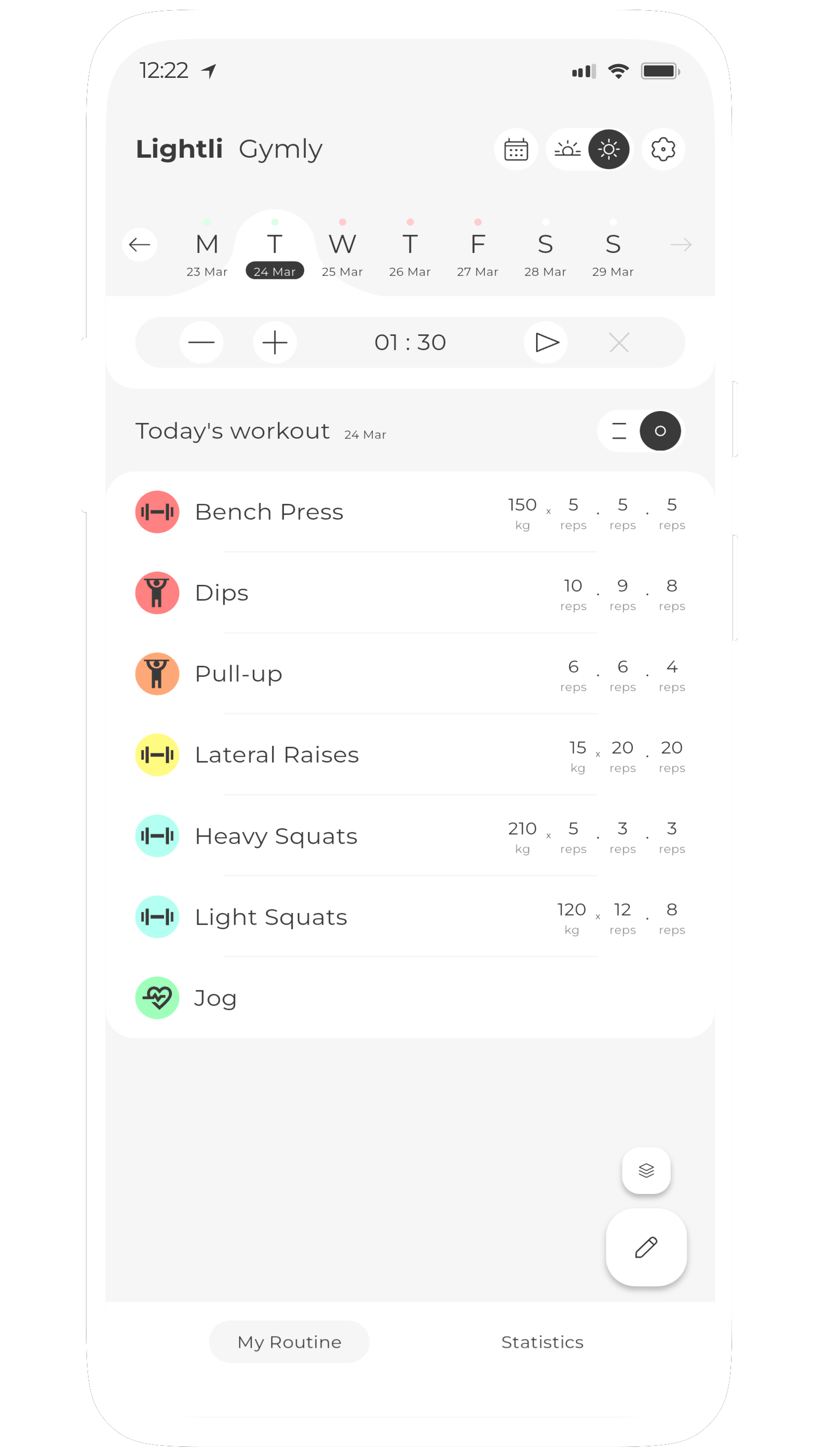 Screenshot of Gymly, a lightweight workout routine app