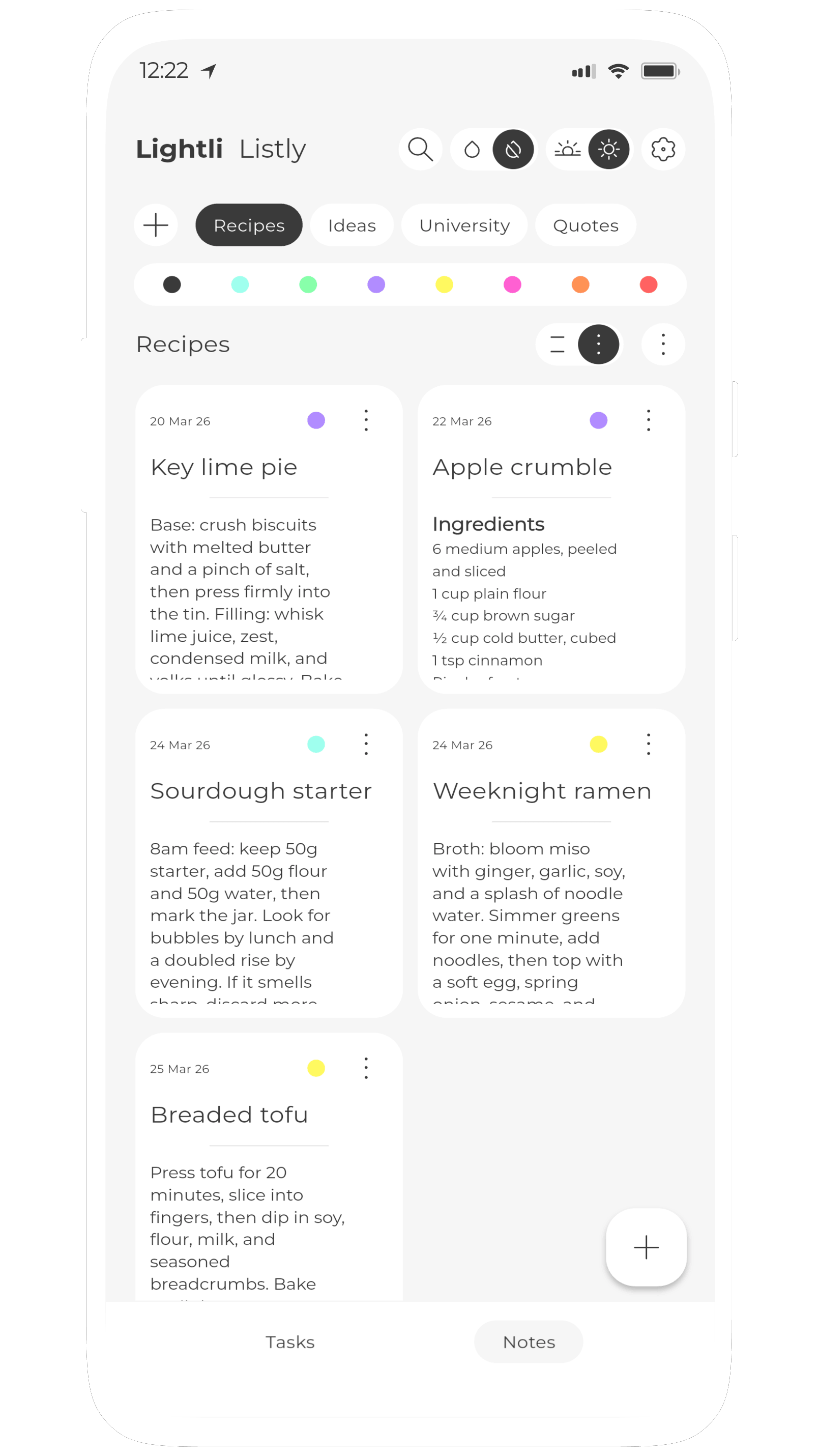 Screenshot of Listly, a colourful yet minimal notes and lists app for tasks and todo lists