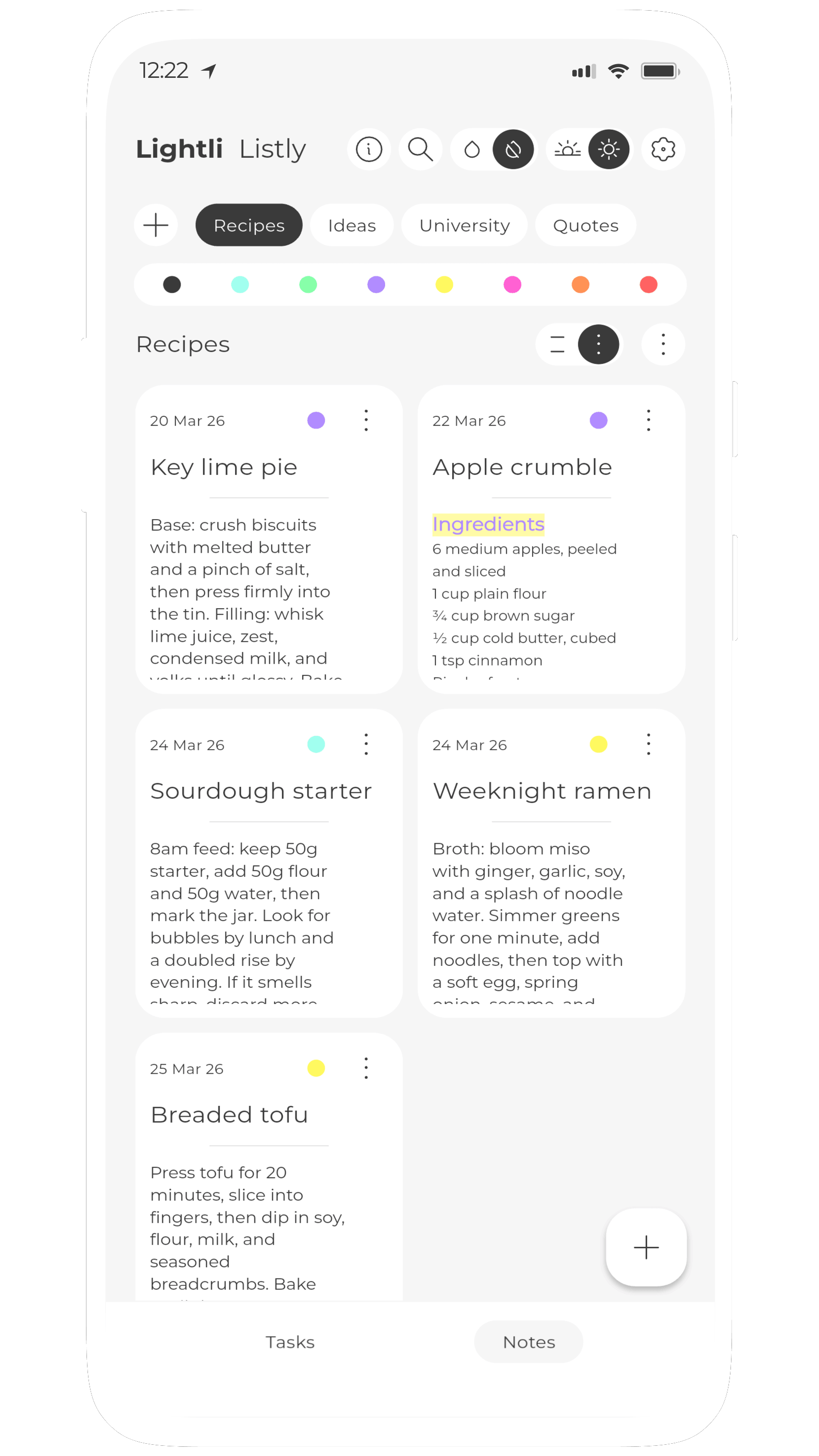 Screenshot of Listly, a colourful yet minimal notes and lists app for tasks and todo lists