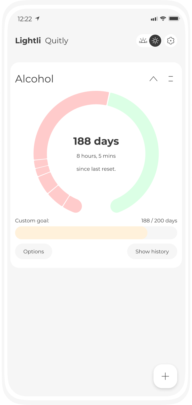 Screenshot of Quitly, a minimal stopwatch-styled sobriety timer for tracking the quitting of addiction and bad habits