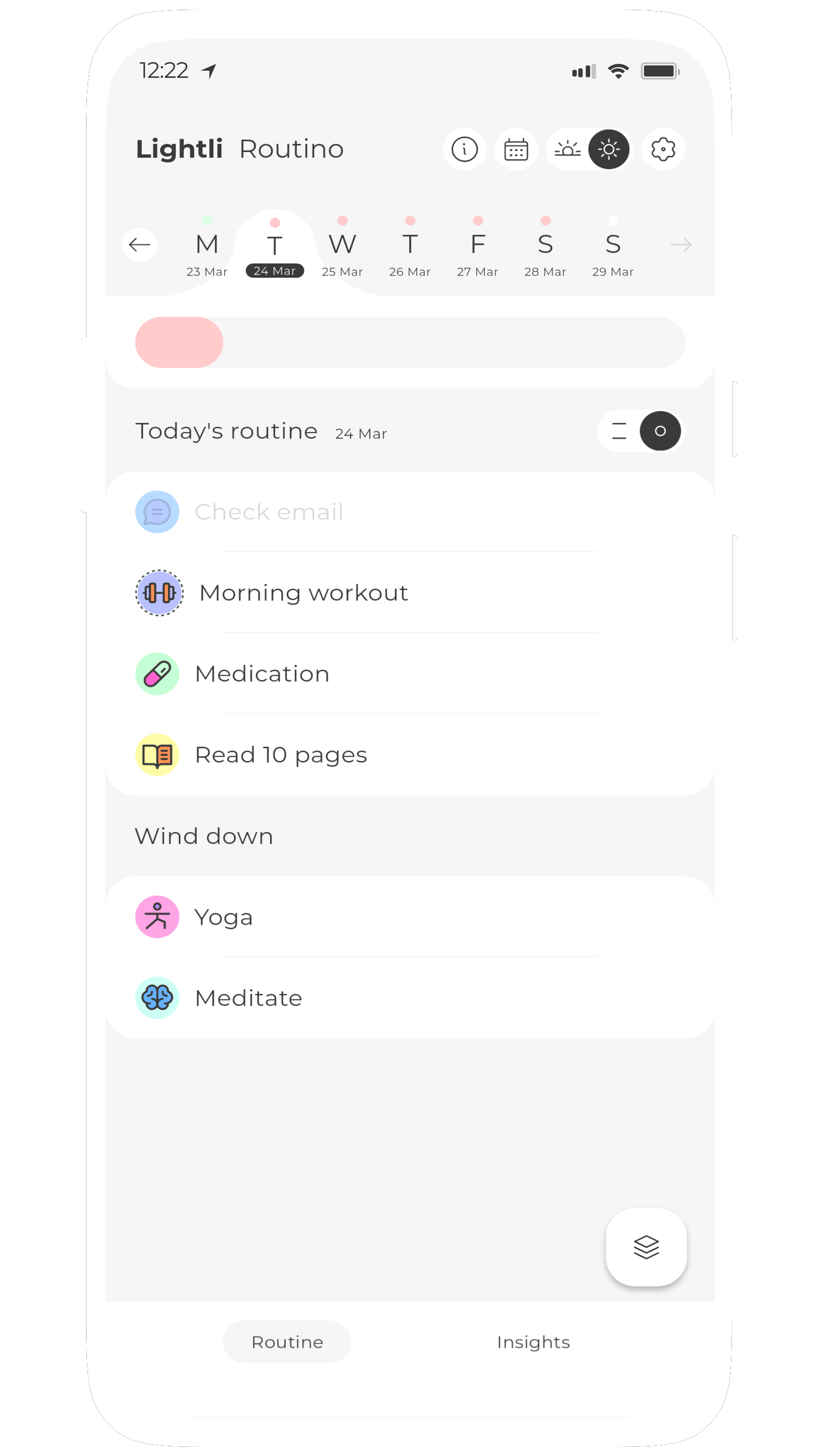Screenshot of Routino, a habit based routine manager for weekly repeating schedules