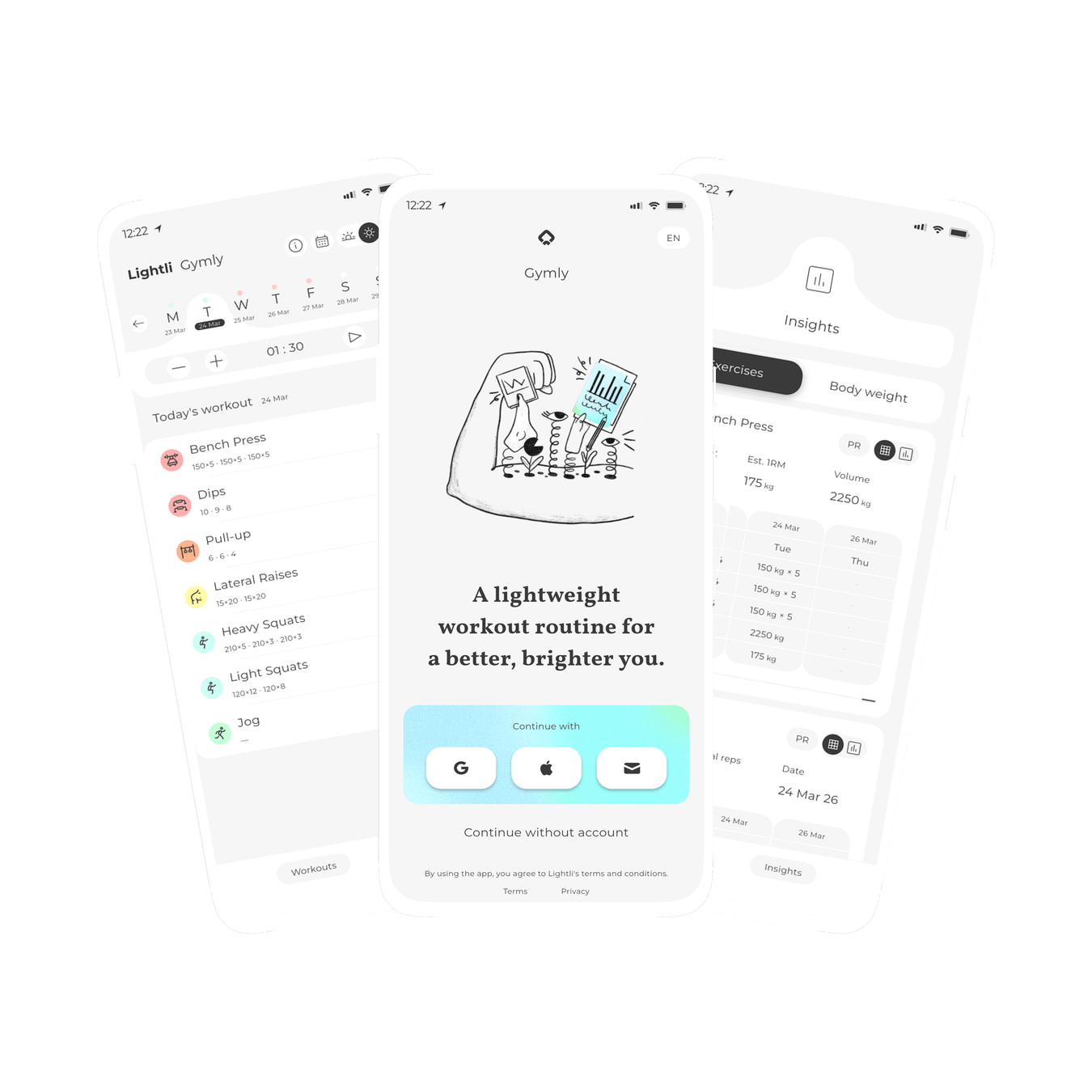 Graphic of three screens within Gymly, a lightweight workout routine app