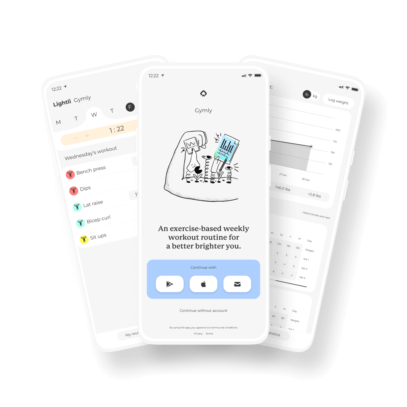 Graphic of three screens within Gymly, a fitness tracker for workouts and exercises