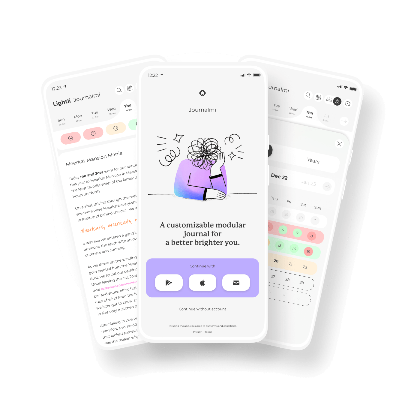 Graphic of three screens within Journalmi, a modular journal and diary