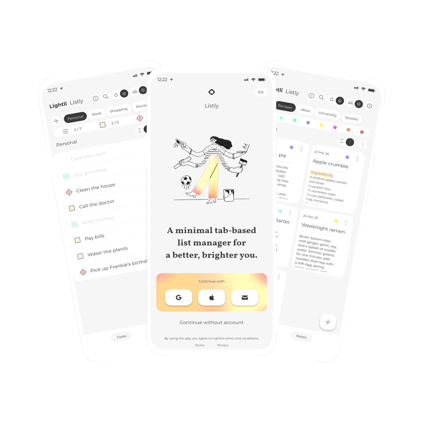 Graphic of three screens within Listly, a colourful yet minimal notes and lists app for tasks and todo lists