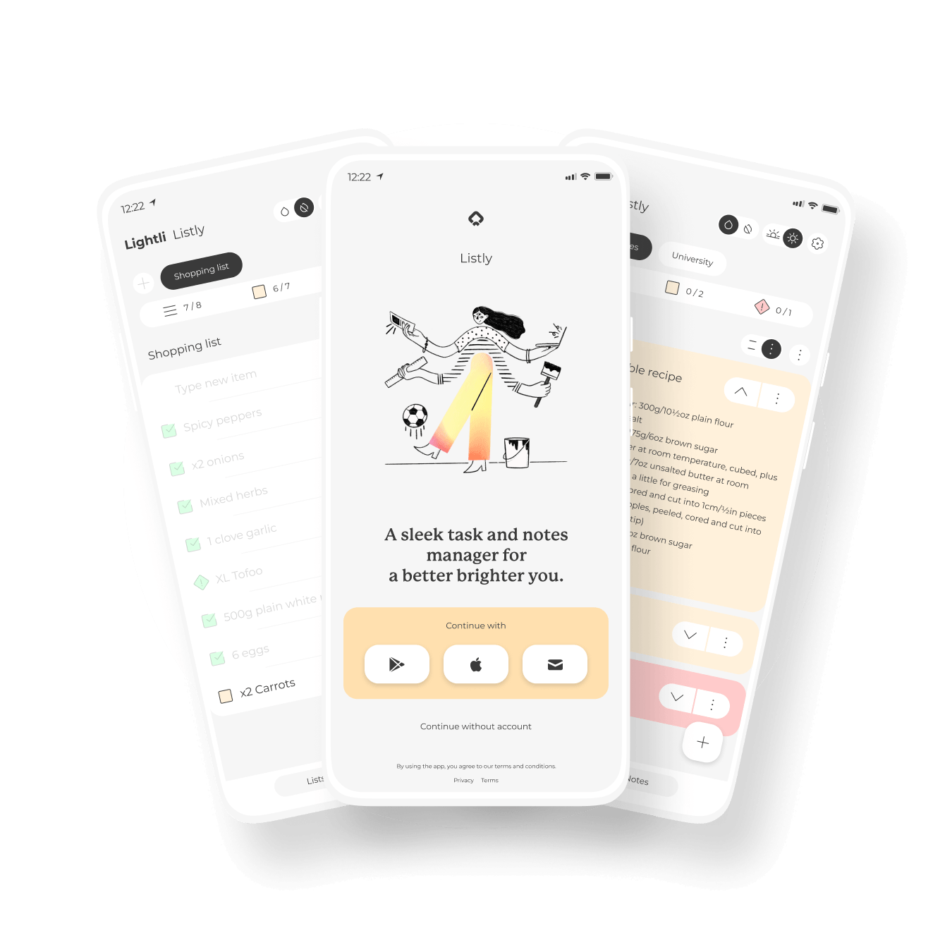 Graphic of three screens within Listly, a colourful yet minimal notes and lists app for tasks and todo lists