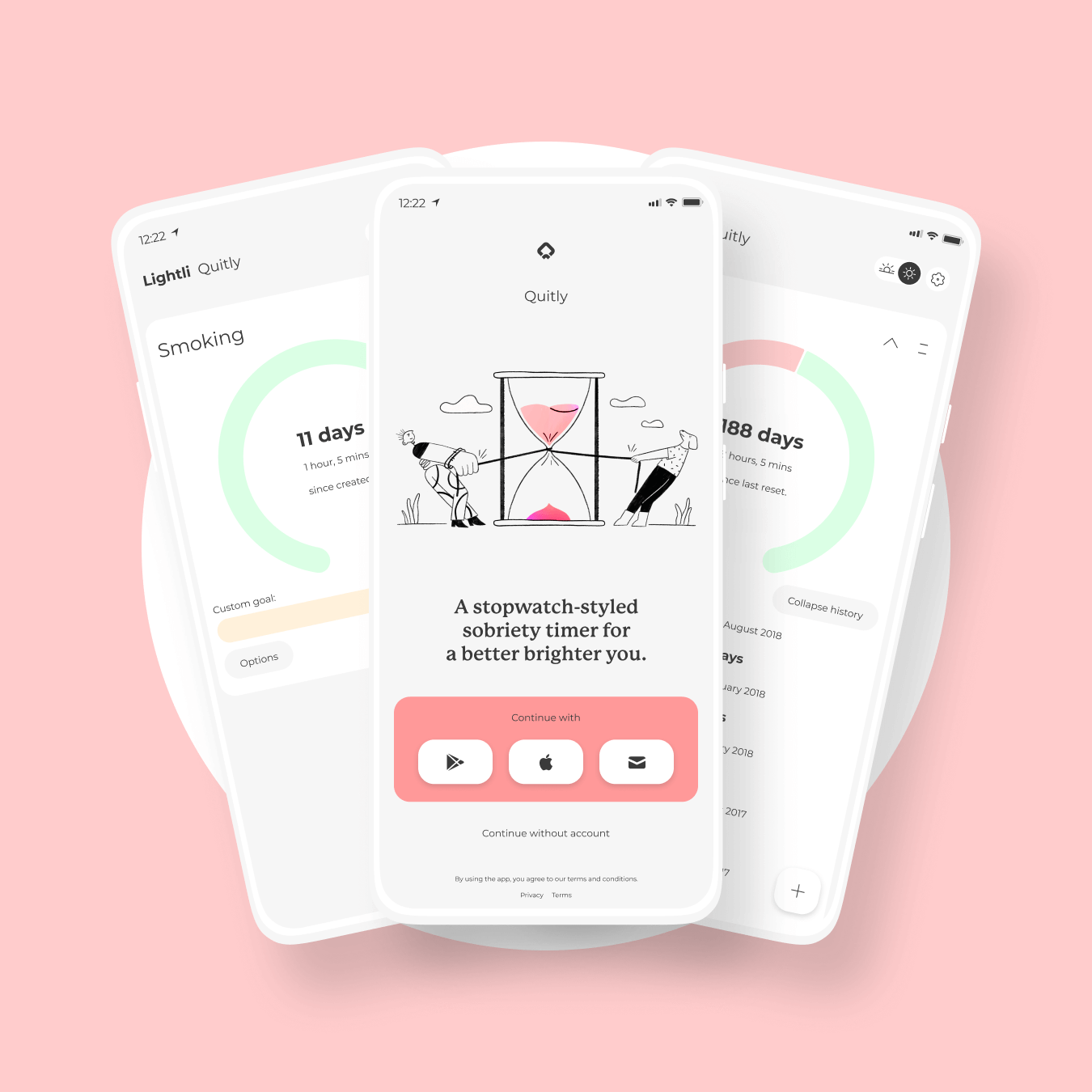 Graphic of three screens within Quitly, a minimal stopwatch-styled sobriety timer for tracking the quitting of addiction and bad habits