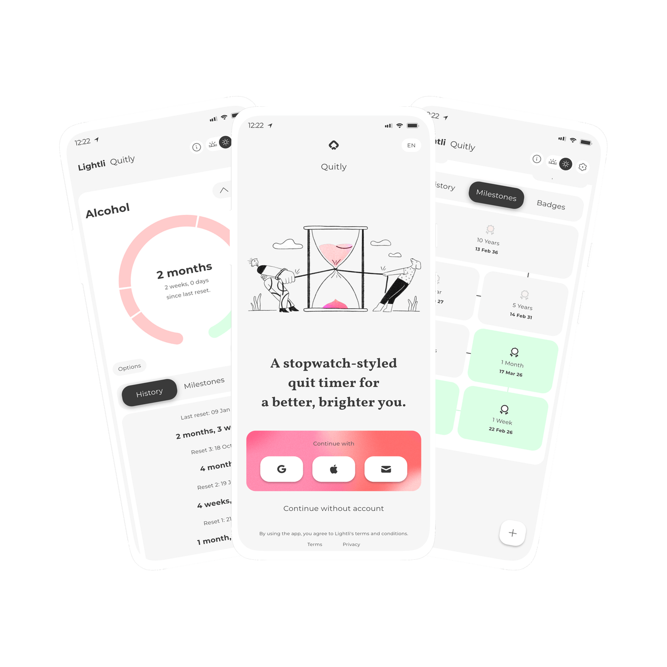 Graphic of three screens within Quitly, a minimal stopwatch-styled sobriety timer for tracking the quitting of addiction and bad habits