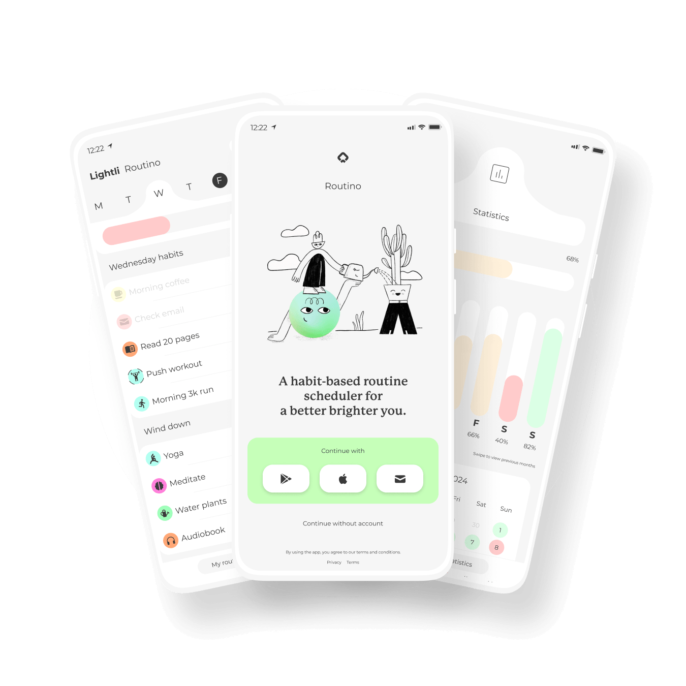 Graphic of three screens within Routino, a habit based routine manager for weekly repeating schedules