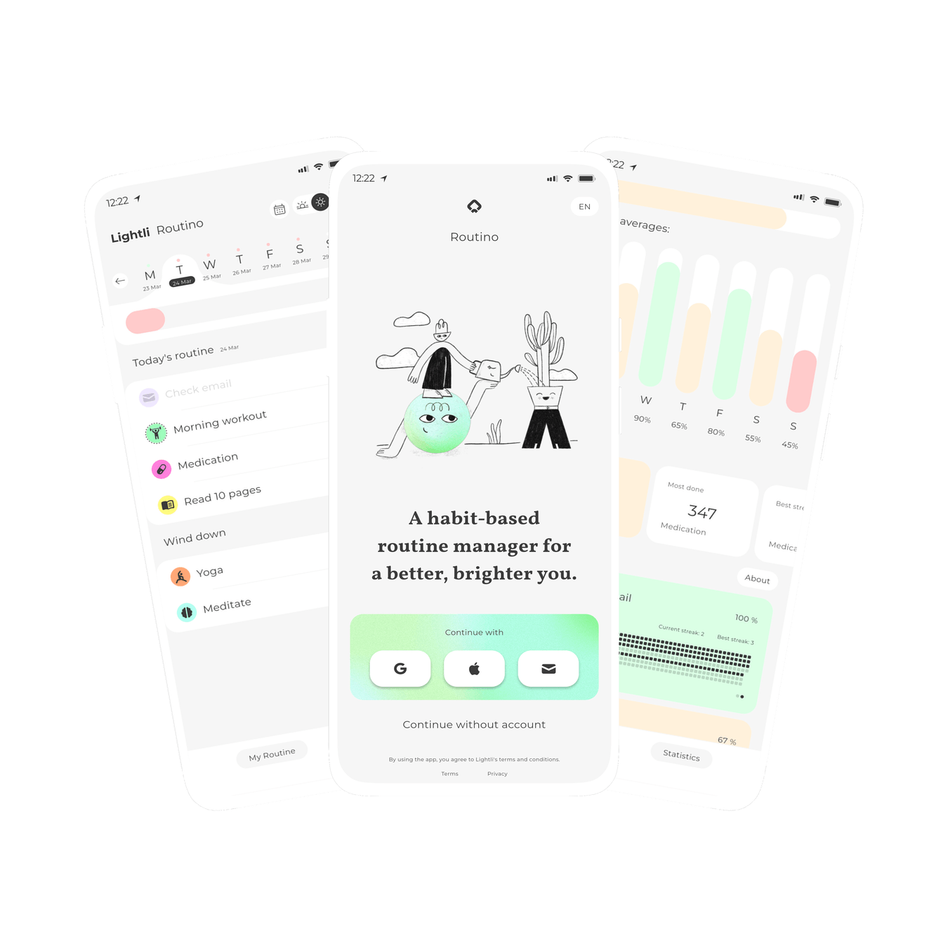 Graphic of three screens within Routino, a habit based routine manager for weekly repeating schedules