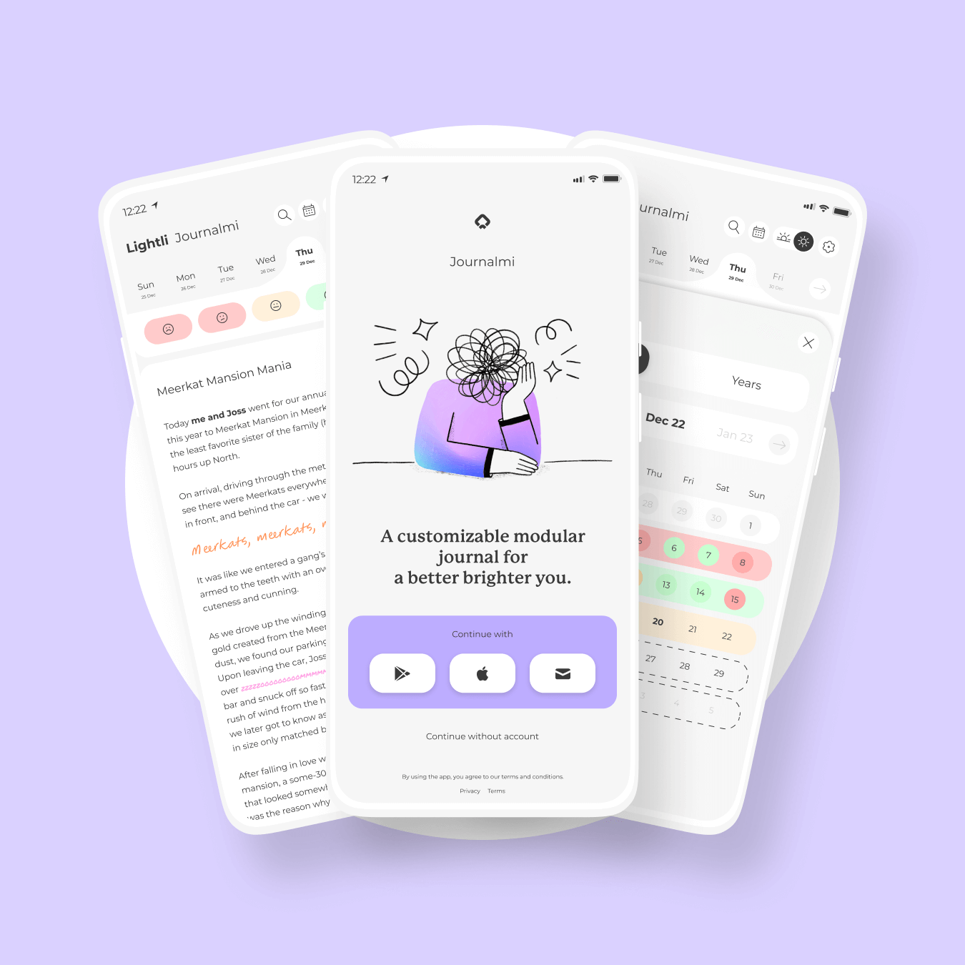 Graphic of three screens within Journalmi, a modular journal and diary