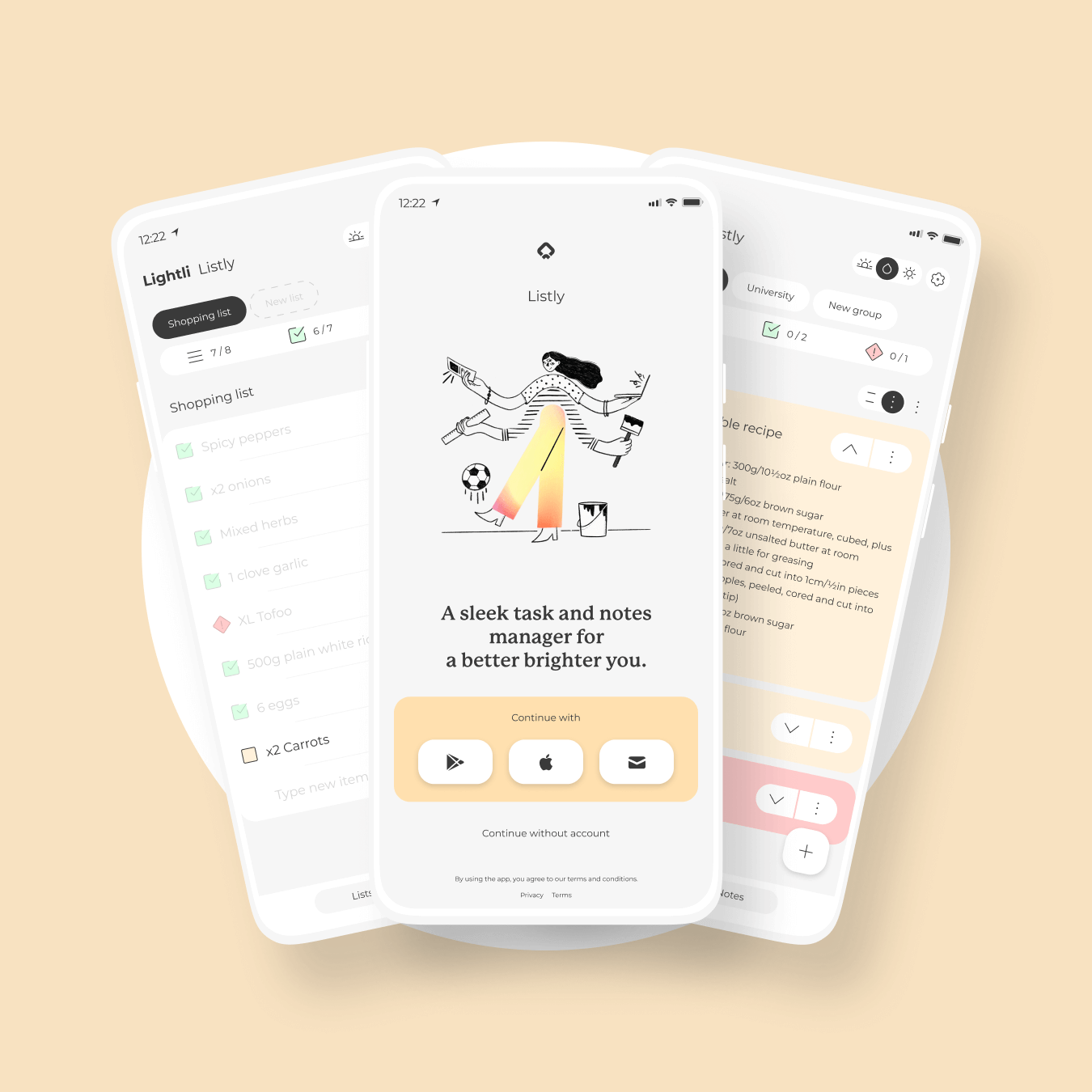 Graphic of three screens within Listly, a colourful yet minimal notes and lists app for tasks and todo lists