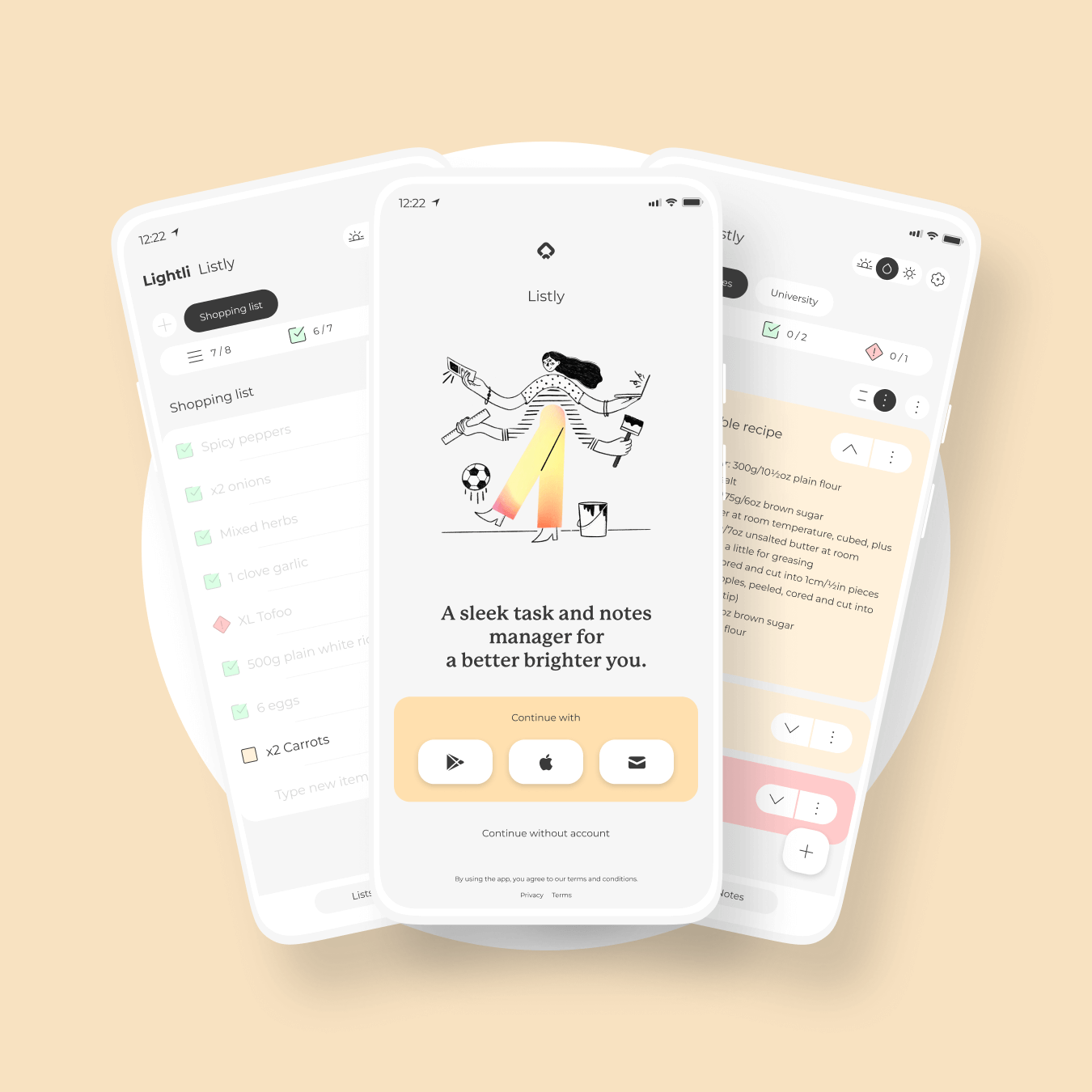 Graphic of three screens within Listly, a colourful yet minimal notes and lists app for tasks and todo lists