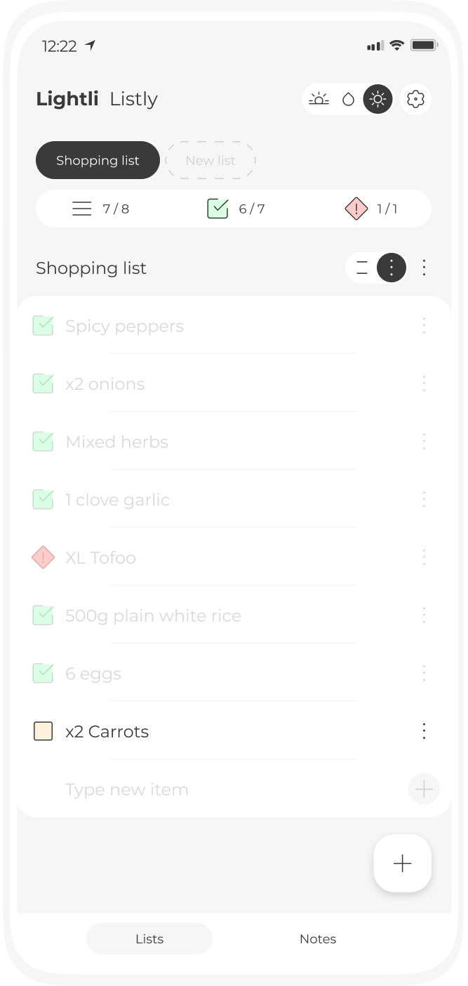Screenshot of Listly, a colourful yet minimal notes and lists app for tasks and todo lists