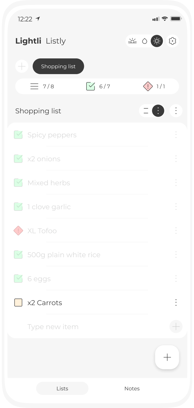 Screenshot of Listly, a colourful yet minimal notes and lists app for tasks and todo lists