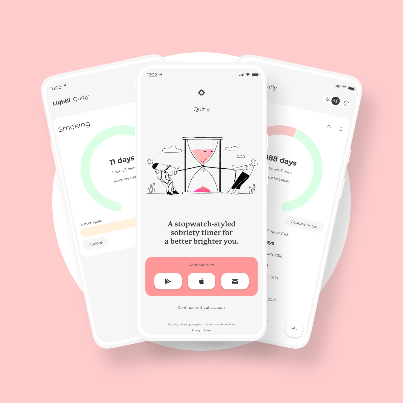 Graphic of three screens within Quitly, a minimal stopwatch-styled sobriety timer for tracking the quitting of addiction and bad habits